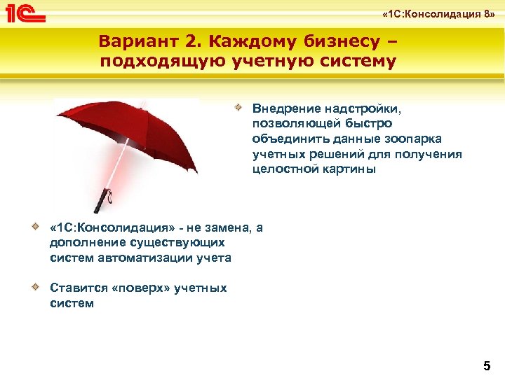  « 1 С: Консолидация 8» Вариант 2. Каждому бизнесу – подходящую учетную систему