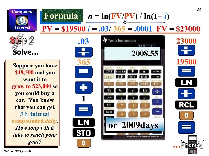 Compound 9 Interest n = ln(FV/PV) / ln(1+ i) Formula PV = $19500 i