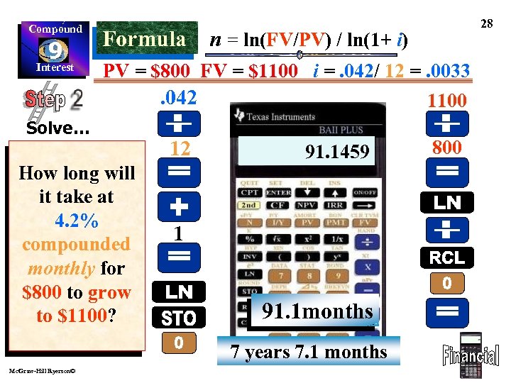 Compound 9 Interest Formula n = ln(FV/PV) / ln(1+ i) PV = $800 FV