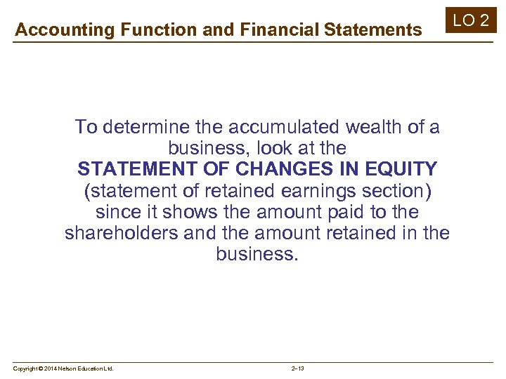 Accounting Function and Financial Statements To determine the accumulated wealth of a business, look