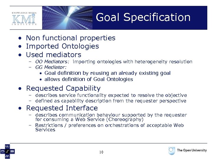 Goal Specification • Non functional properties • Imported Ontologies • Used mediators – OO