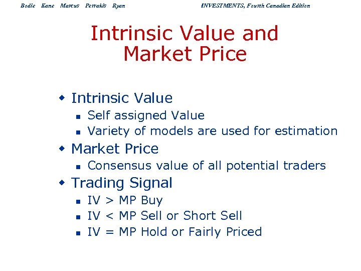 Bodie Kane Marcus Perrakis Ryan INVESTMENTS, Fourth Canadian Edition Intrinsic Value and Market Price