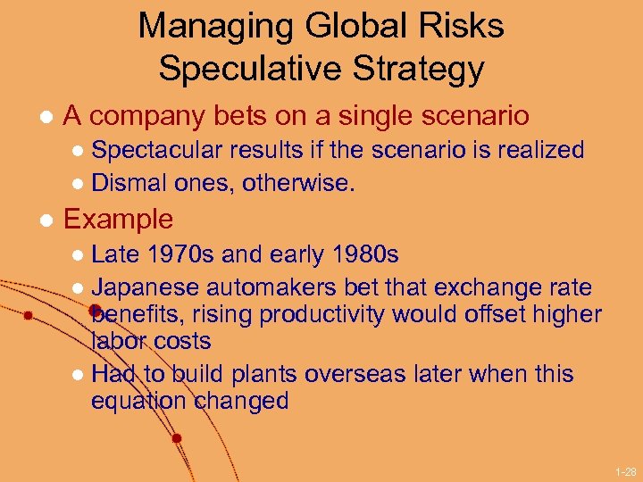 Managing Global Risks Speculative Strategy l A company bets on a single scenario Spectacular