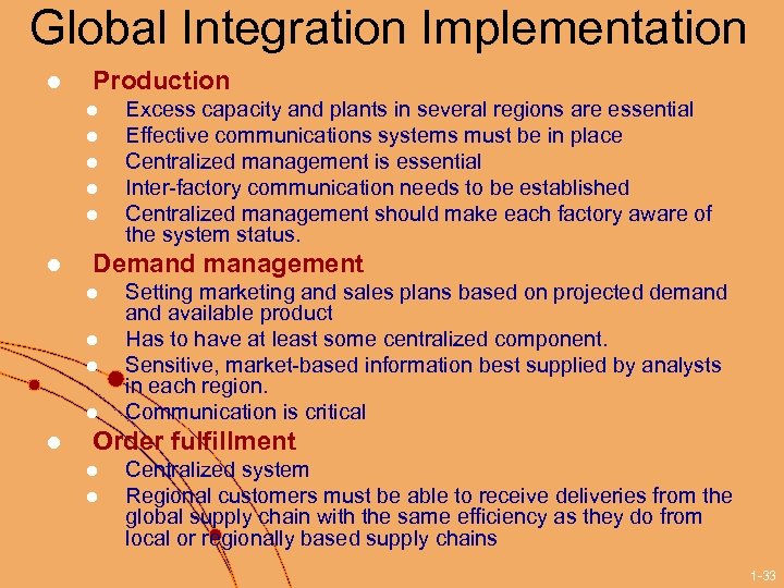 Global Integration Implementation l Production l l l Demand management l l l Excess