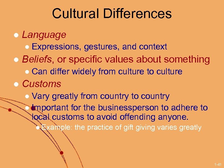 Cultural Differences l Language l l Beliefs, or specific values about something l l
