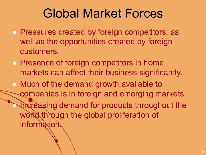 Global Market Forces l l Pressures created by foreign competitors, as well as the