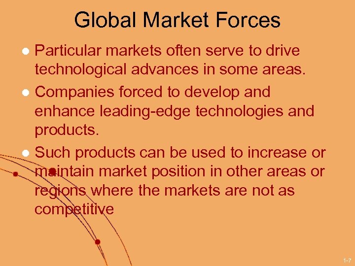 Global Market Forces Particular markets often serve to drive technological advances in some areas.