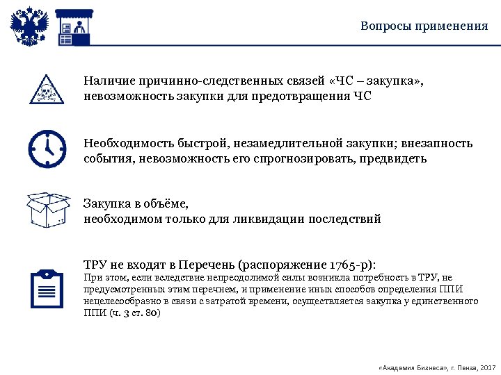 Вопросы применения Наличие причинно-следственных связей «ЧС – закупка» , невозможность закупки для предотвращения ЧС