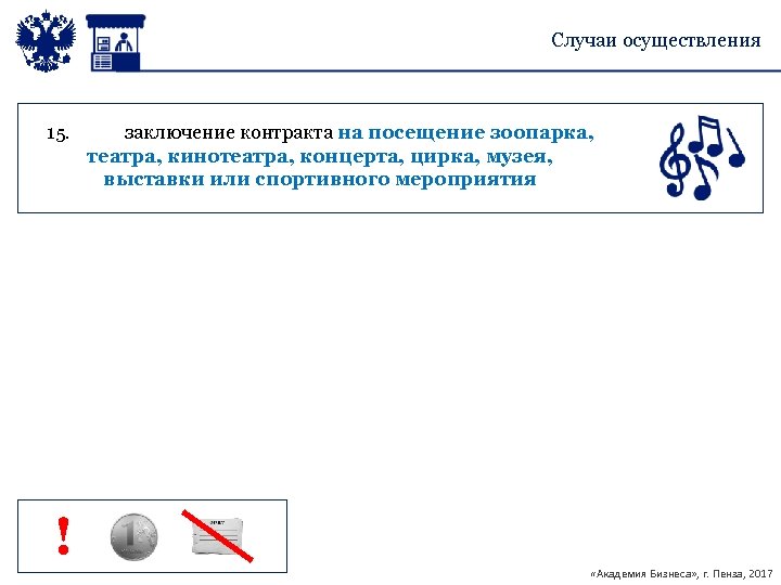 Случаи осуществления 15. заключение контракта на посещение зоопарка, театра, кинотеатра, концерта, цирка, музея, выставки