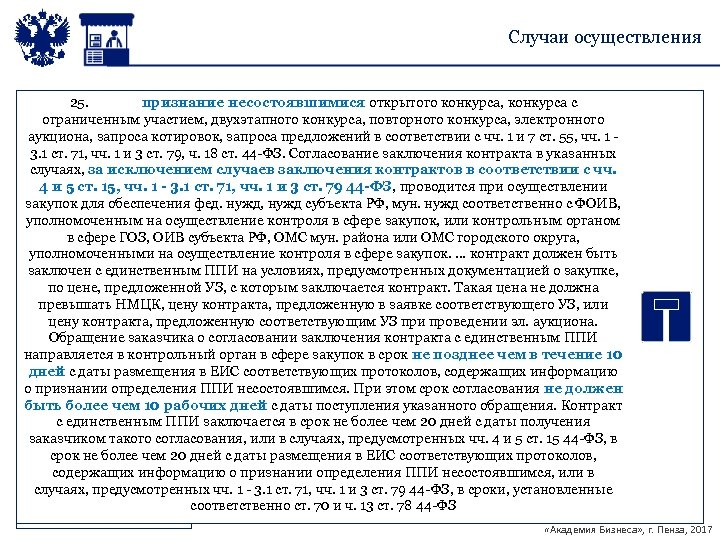 Случаи осуществления 25. признание несостоявшимися открытого конкурса, конкурса с ограниченным участием, двухэтапного конкурса, повторного