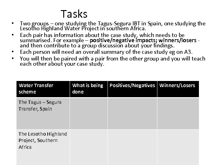 Tasks • Two groups – one studying the Tagus-Segura IBT in Spain, one studying