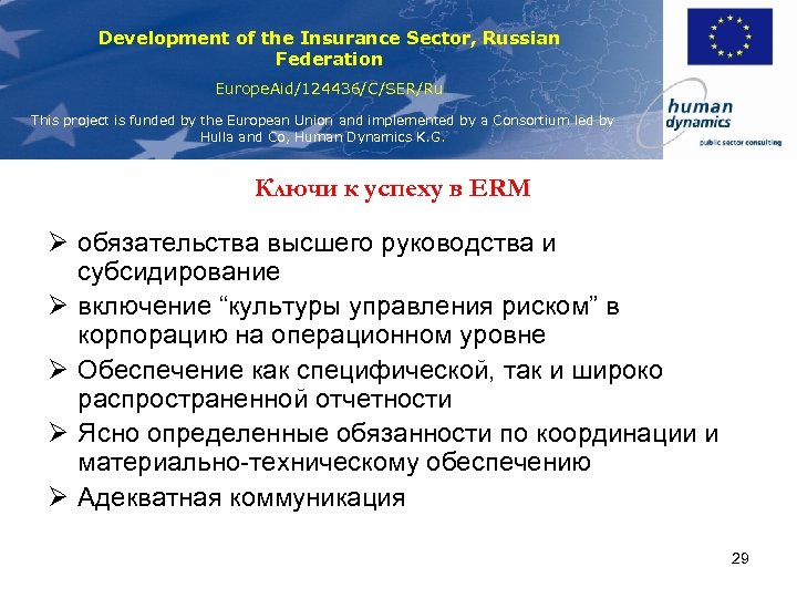 Development of the Insurance Sector, Russian Federation Europe. Aid/124436/C/SER/Ru This project is funded by