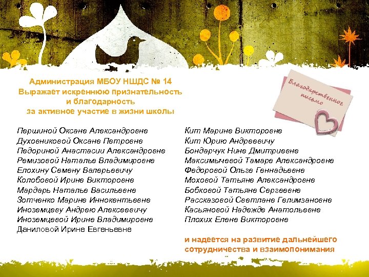 Администрация МБОУ НШДС № 14 Выражает искреннюю признательность и благодарность за активное участие в