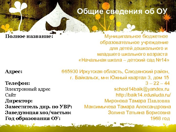  Общие сведения об ОУ Полное название: Муниципальное бюджетное образовательное учреждение для детей дошкольного