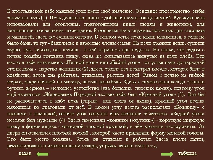 В крестьянской избе каждый угол имел своё значение. Основное пространство избы занимала печь (1).