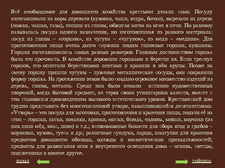 Всё необходимое для домашнего хозяйства крестьяне делали сами. Посуду изготавливали из коры деревьев (кузовки,