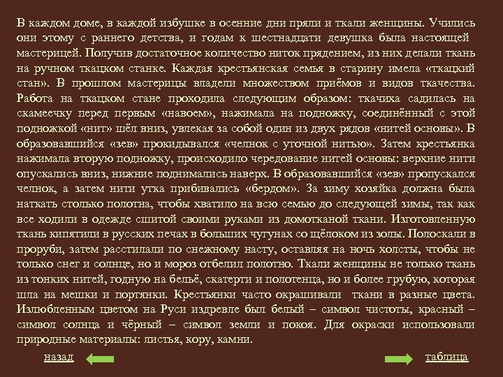 В каждом доме, в каждой избушке в осенние дни пряли и ткали женщины. Учились