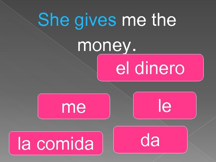 She gives me the money. el dinero me la comida le da 
