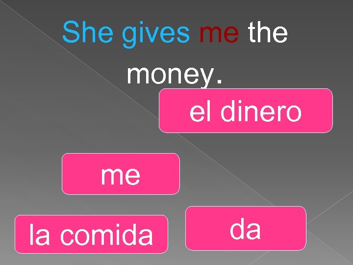She gives me the money. el dinero me la comida da 