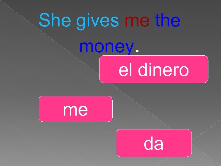 She gives me the money. el dinero me da 