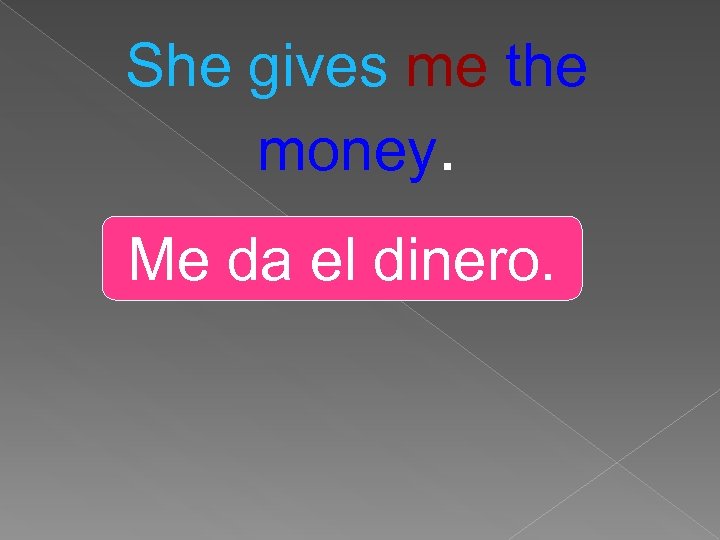 She gives me the money. Me da el dinero. 