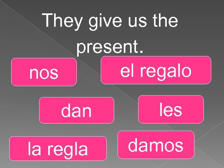They give us the present. el regalo nos dan les la regla damos 