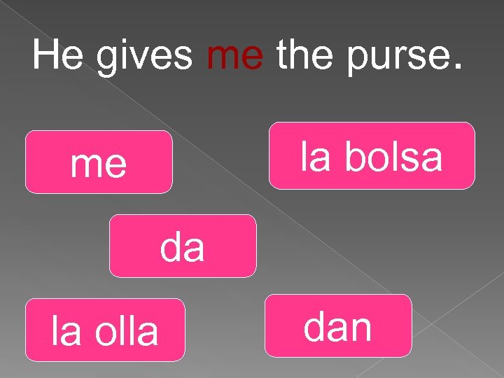 He gives me the purse. la bolsa me da la olla dan 