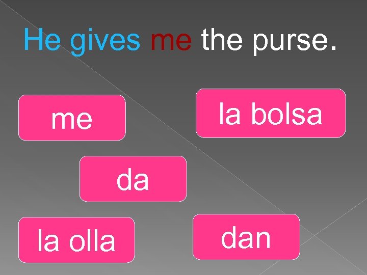 He gives me the purse. la bolsa me da la olla dan 