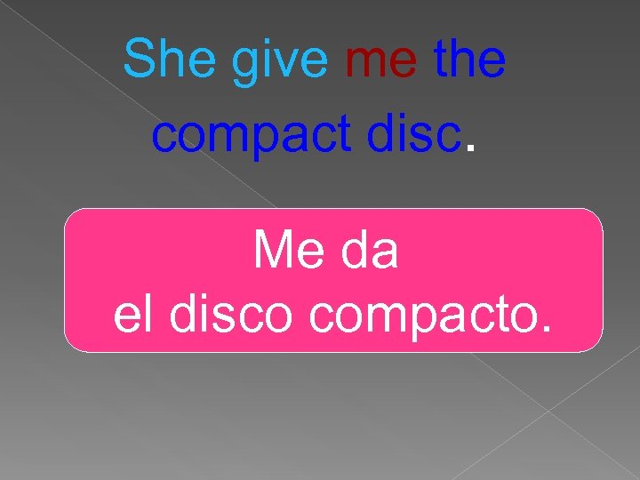 She give me the compact disc. Me da el disco compacto. 