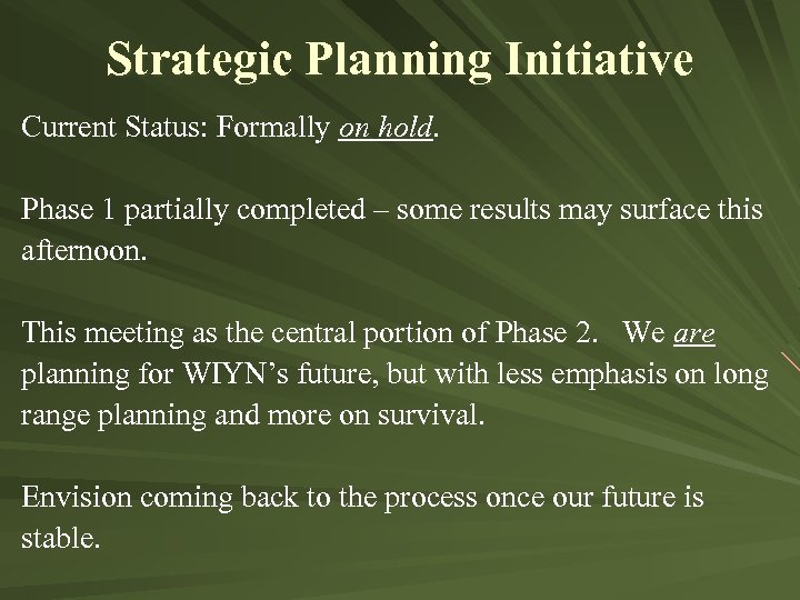 Strategic Planning Initiative Current Status: Formally on hold. Phase 1 partially completed – some