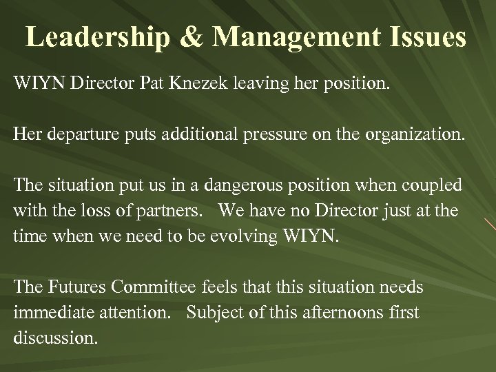 Leadership & Management Issues WIYN Director Pat Knezek leaving her position. Her departure puts