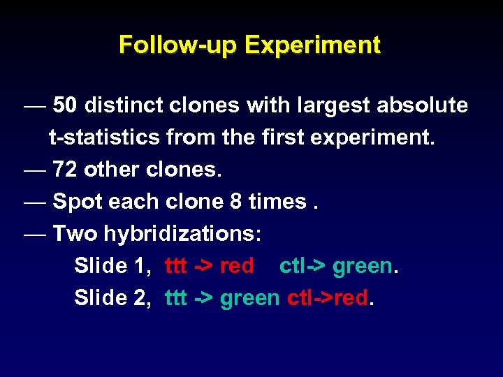 Follow-up Experiment — 50 distinct clones with largest absolute t-statistics from the first experiment.
