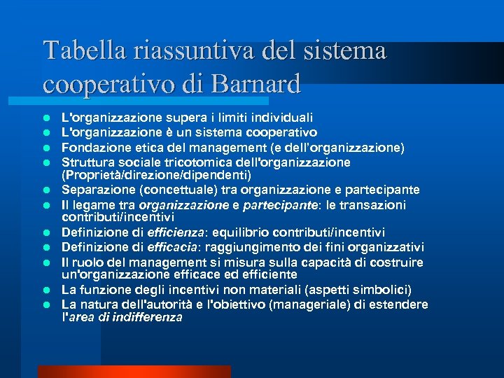 Tabella riassuntiva del sistema cooperativo di Barnard l l l L'organizzazione supera i limiti