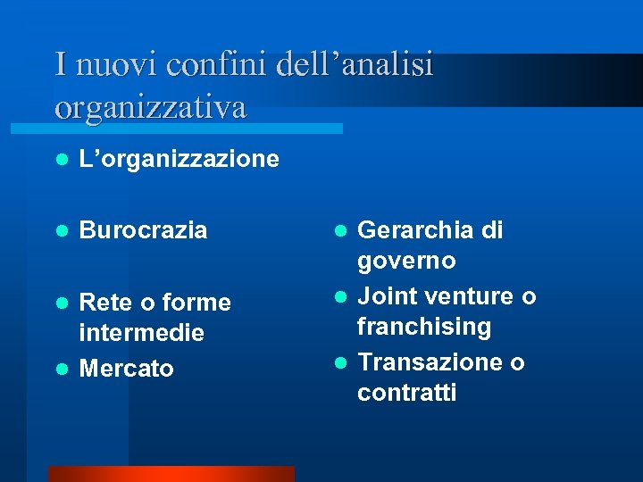 I nuovi confini dell’analisi organizzativa l L’organizzazione l Burocrazia Rete o forme intermedie l