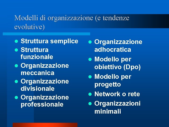 Modelli di organizzazione (e tendenze evolutive) l l l Struttura semplice Struttura funzionale Organizzazione