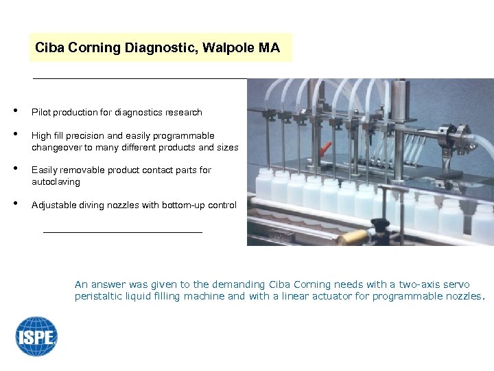 Ciba Corning Diagnostic, Walpole MA • Pilot production for diagnostics research • High fill