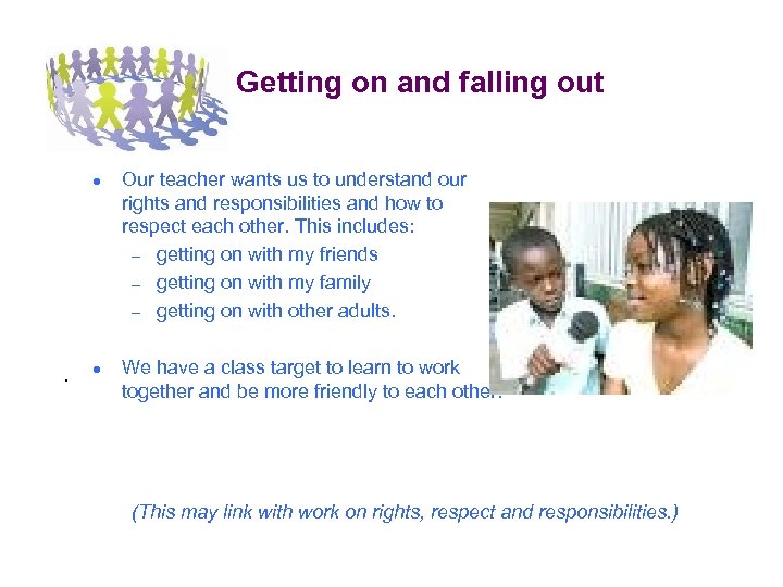 Getting on and falling out ● . Our teacher wants us to understand our