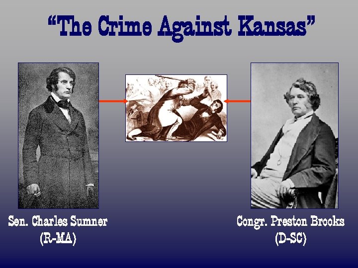 “The Crime Against Kansas” Sen. Charles Sumner (R-MA) Congr. Preston Brooks (D-SC) 