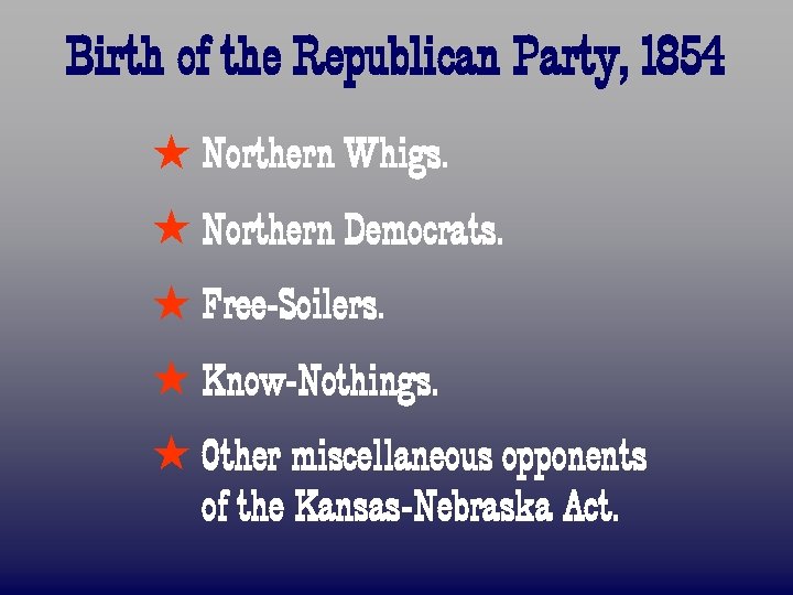 Birth of the Republican Party, 1854 ß Northern Whigs. ß Northern Democrats. ß Free-Soilers.