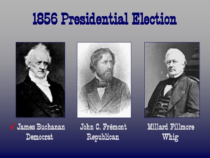 1856 Presidential Election √ James Buchanan Democrat John C. Frémont Republican Millard Fillmore Whig