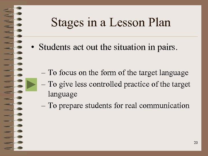 Stages in a Lesson Plan • Students act out the situation in pairs. –