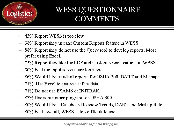 WESS QUESTIONNAIRE COMMENTS – 43% Report WESS is too slow – 38% Report they