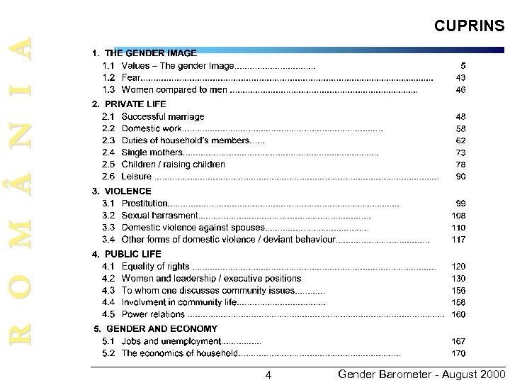 R O M N I A CUPRINS 4 Gender Barometer - August 2000 