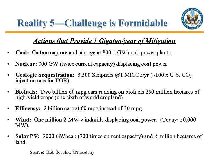 Reality 5—Challenge is Formidable Actions that Provide 1 Gigaton/year of Mitigation • Coal: Carbon