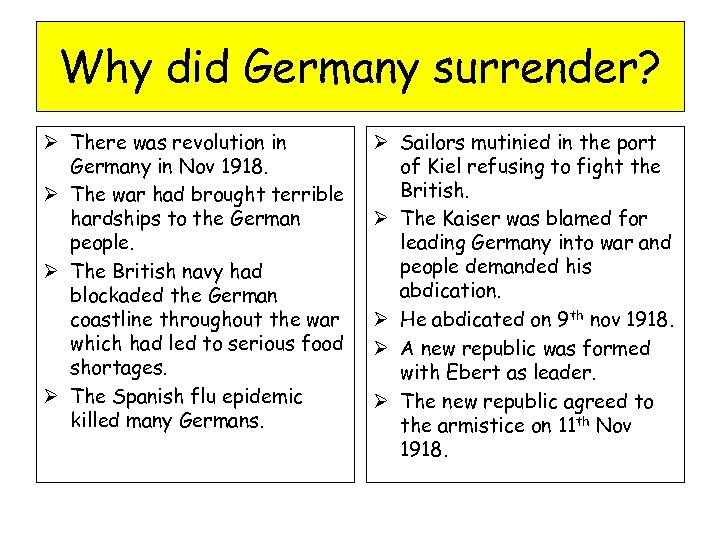 Why did Germany surrender? Ø There was revolution in Germany in Nov 1918. Ø