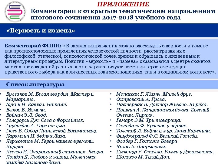 ПРИЛОЖЕНИЕ Комментарии к открытым тематическим направлениям + итогового сочинения 2017 -2018 учебного года «Верность