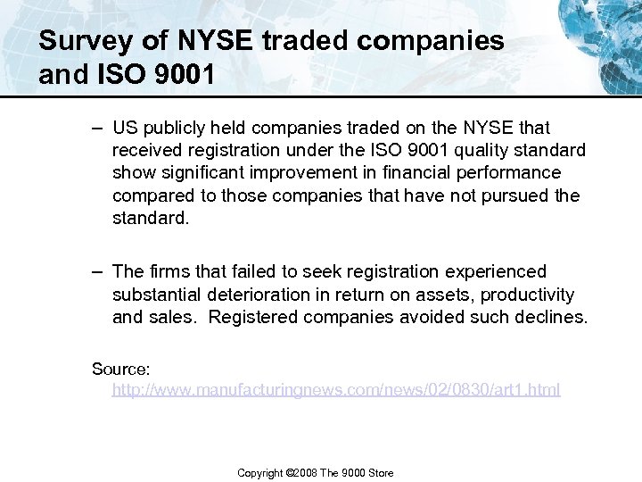 Survey of NYSE traded companies and ISO 9001 – US publicly held companies traded