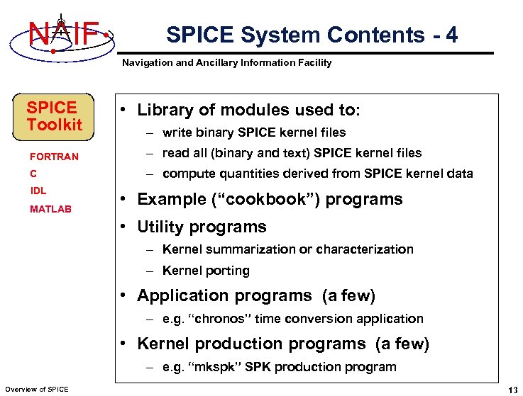 N IF SPICE System Contents - 4 Navigation and Ancillary Information Facility SPICE Toolkit