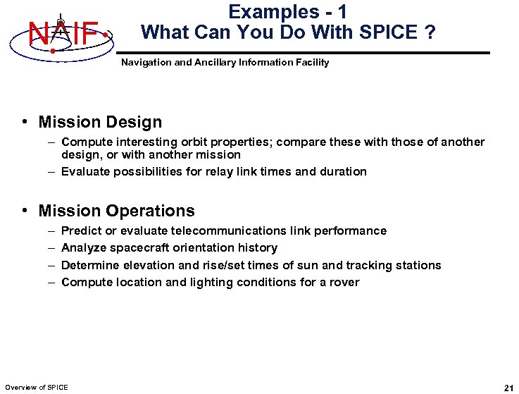 N IF Examples - 1 What Can You Do With SPICE ? Navigation and