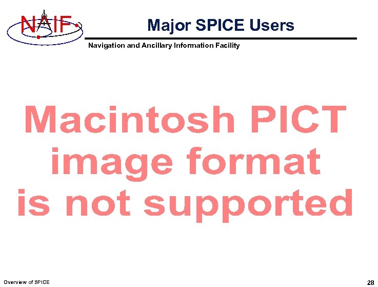 N IF Major SPICE Users Navigation and Ancillary Information Facility Overview of SPICE 28